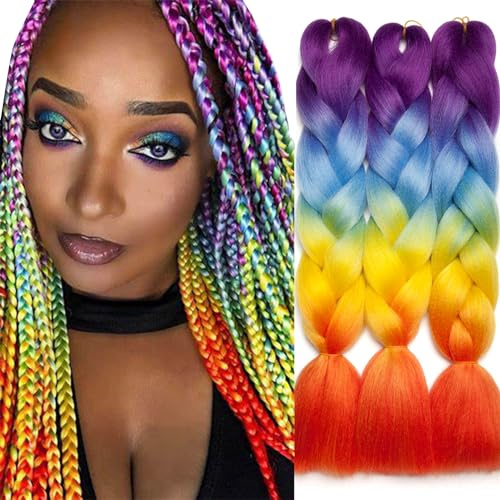 TESS Meches pour Tresses Africaine, Meche Cheveux Tresse Cheveux Rajout Meches Pour Tresses Braid Pré éTiré 300g 3 Paquets 60cm Violet/Bleu/Jaune/Orange