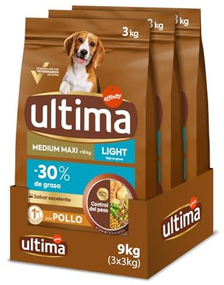 Ultima Cibo per Cani Medium-Maxi Adulto Light con Pollo - Confezione da 3 x 3 kg - Totale: 9 kg