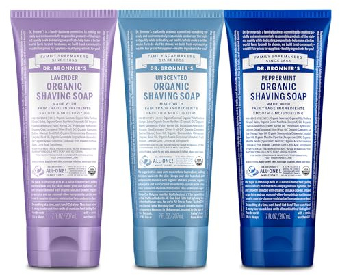 Dr. Bronner's - Organic Shaving Soap (7 oz, 3-Pack, Variety Pack) Lavender, Baby Unscented, & Peppermint - Certified Organic, Sugar & Shikakai Powder, Moisturizes, Use on Face, Underarms, & Legs