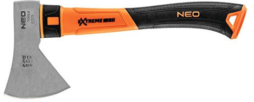 NEO TOOLS Axt 600 g, Fiberglasgriff, Ergonomisch, robust | Widerstandsfähig Rutschfester Griff Langlebiger Stahlkopf nach DIN-Norm Universalaxt zur Bearbeitung von Holz