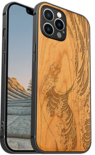 Carveit Coque magnétique pour iPhone 12 ProMax [Élégant Cerise] [Pare-Chocs en TPU Souple] Coque de téléphone Antichoc Compatible avec 12ProMax Magsafe Coque Bois (Grande Vague Kanagawa)