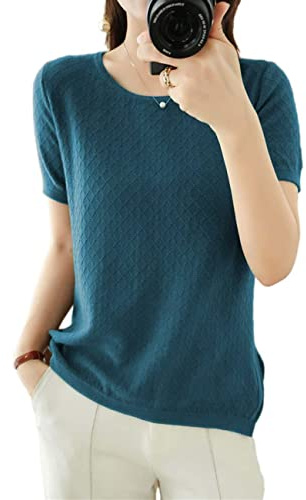 Ailaile Pull d'été à manches courtes pour femme - Pull fin en coton tricoté - Col rond - Léger - Chemisier pointelle, Bleu-vert, Taille M