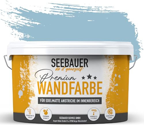 SEEBAUER diy Wandfarbe Blau 2,5L für Innen (No. 815 Blue Ridge) Edelmatte blaue Innenfarbe - Blautöne sehr hohe Deckkraft - Matt, Abwaschbar und Tropffrei