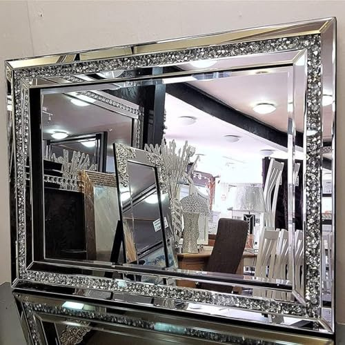 blingworld Silver Wall Mirror 81 x 61 cm Crushed Diamond Design | Bevelled Glass, Crushed Diamond Frame, HD Mirror, Vertical or Horizontal Hanging, Modern Glam Style
