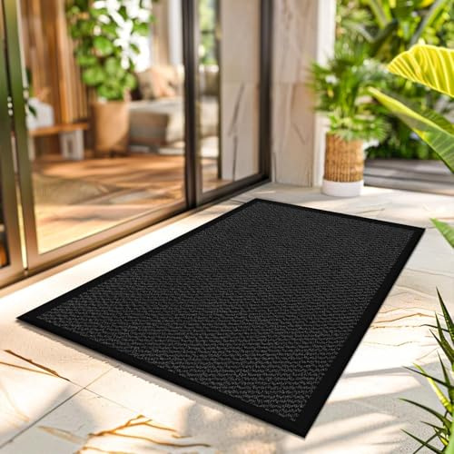 Large Door Mat Entrance Dirt Grabber Floor Mat - Black, 60 x 90 cm - Waterproof Non Slip Strong Rubber Backing PVC Door Mat for Indoor Kitchen, Entrance Hall Hallway