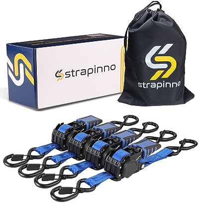 Strapinno 4 Pack Auto Retractable Ratchet Straps Bundle -1 in x 6 ft, 1500 LBS Break Strength Each, Heavy Duty Tie Down Straps for Cargo Securing, Weather Resistant Safety S-Hooks, Blue Strap