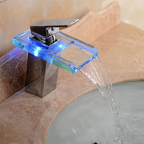 LED RGB Glas Wasserfall Wasserhahn Elektrischer Wasserhahn Waschbecken Schwarzer Wasserhahn Waschtisch Wasserhahn Badezimmer Wasserhahn Badezimmer Einhebelmischer
