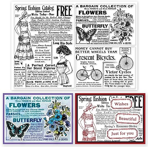 GLOBLELAND Vintage Zeitung Text Hintergrund Transparente Klare Stempel Retro Lady Butterfly Prägestempelbögen Silikon Klare Stempel Siegel Für DIY Scrapbooking Und Kartenherstellung Papier