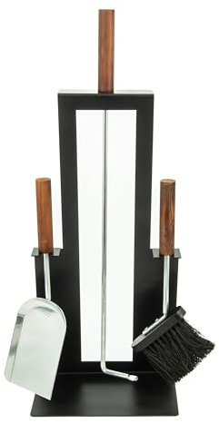 Valo Kaminbesteck Malmö (3 teilig, inkl. Kaminbesen, Schaufel und Schürhaken, Kamingarnitur, Kaminset mit Ständer, schwarz mit Holzgriffen) VK000307