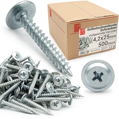 Lun Fix Lot de 500 vis à bois auto-taraudeuses 4,2 x 25 mm - En acier galvanisé - Avec grande tête bombée - Vis à tôle avec empreinte cruciforme - Vis à tête plate - Vis à métal - Vis cruciformes
