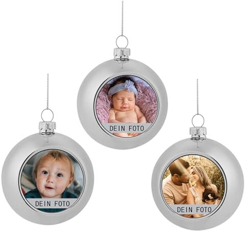 MilyaDE 3 Stück Weihnachtskugeln mit eigenem Bild, Kunststoff innen Glitzer Lametta 6cm, Christbaumkugeln Personalisierte selbst gestalten, Silber