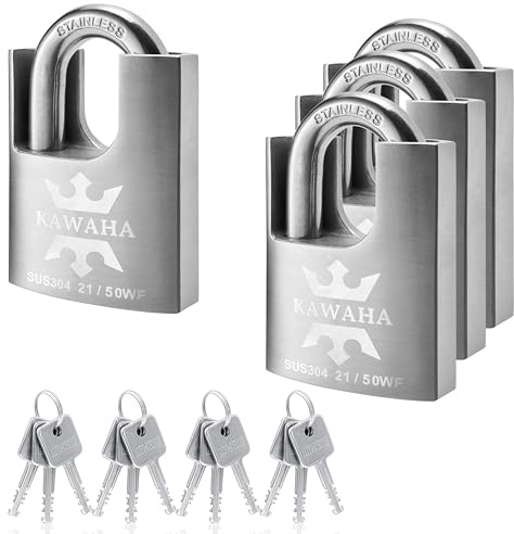 KAWAHA 21/50-4PS Cadenas Haute Sécurité en Acier Inoxydable avec Clé en Acier Inoxydable pour Intérieur et Extérieur (robuste, inoxydable) (50 mm), fermeture identique, Lot de 4 Pièces