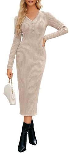 OUGES Stillkleid Wollmischung Umstandskleid Winter Herbst V-Ausschnitt Lange Ärmel Figurbetont Gestreiftes Strickkleid