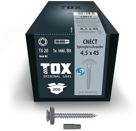 TOX Spenglerschrauben CNECT 4,5 x 45 mm, 200 Stk. | Witterungsbeständig, für Blech- und Dachanschlüsse, mit Dichtscheibe, TX-Antrieb, 152966414545