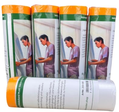SG SOLIDGUARD SUREFORT Abdeckfolie Goldband mit Klebeband Malerband Klebeband mit Abdeckfolie (5 Stk 150cm x 20m) Abklebeband, Innen u. Außen | Folie zum Fenster abkleben mit Folie Abdeckplane