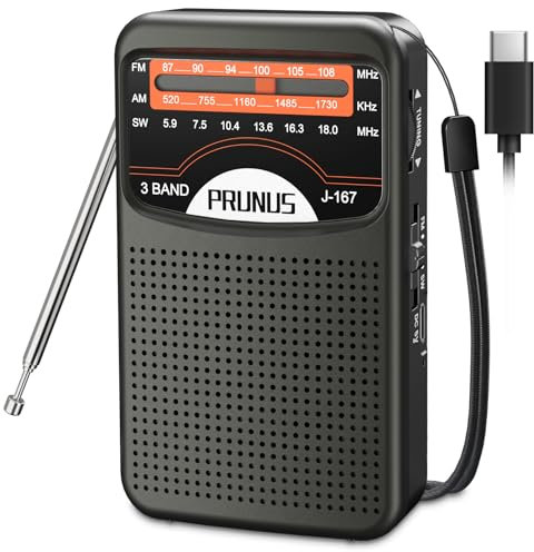 PRUNUS J-167 Radio Portatile Ricaricabile, Mini Radiolina Portatile FM/AM con Jack/Cinturino, per Camminare, Correre, Pescare (Nero)