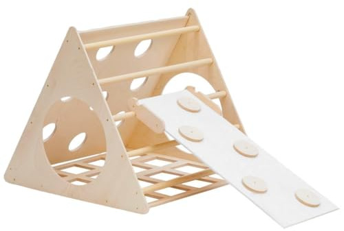 mamikids - Arrampicata per Bambini in Legno Naturale, Triangolo con Scivolo per Bambini, Tunnel e Giochi Educativi Montessori su Ogni Lato - Made in Italy, Small