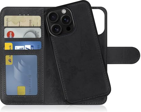 MyGadget Flip-fodral för iPhone 16 Pro - [avtagbart magnetfodral] - mobilfodral av konstläder - [flipfodral med kortplats] skyddsfodral i svart