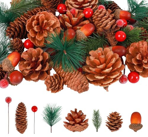 180 Stück Tannenzapfen Adventskranz Deko, Anstore Deko Zweige Weihnachten, Kiefernzapfen, Tannenzweige, Beeren, Eicheln für Weihnachtsdeko, Weihnachtskranz, Weihnachtsbaumschmuck, Adventsdekoration