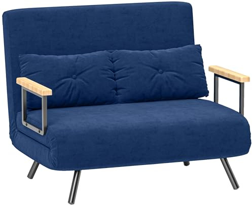 HOMCOM 4 in 1 Divano Letto 2 Posti, con Schienale Regolabile in 5 Posizioni, Divano Letto Matrimoniale Pieghevole con 2 Cuscini, Seduta Imbottita, in Velluto per Casa e Ufficio, 102x73x81 cm, Blu