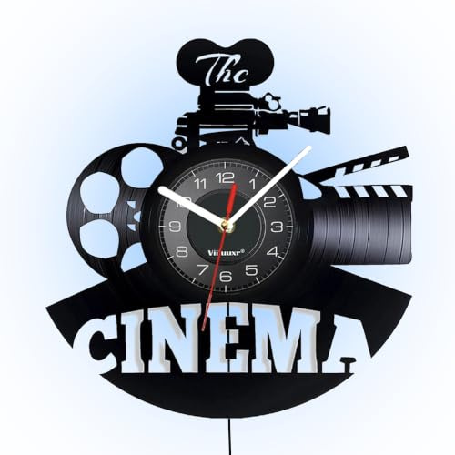 Viiluuxr LED-Kino-Wanduhr 30 cm, leise Vinyl-Uhr mit Filmkamera und Licht | 30 cm LED-Vinyl-Wanduhr mit Kino-, Filmkamera- und Filmrollenmotiv, Farbwechsel für Heimkino, Wohnzimmer, Büro und Filmfans