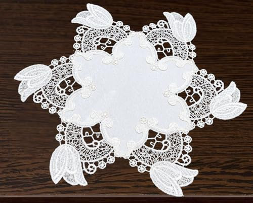 Generisch rundes Deckchen 34 cm Tulpe Creme mit schöner Spitze Plauener Stickerei
