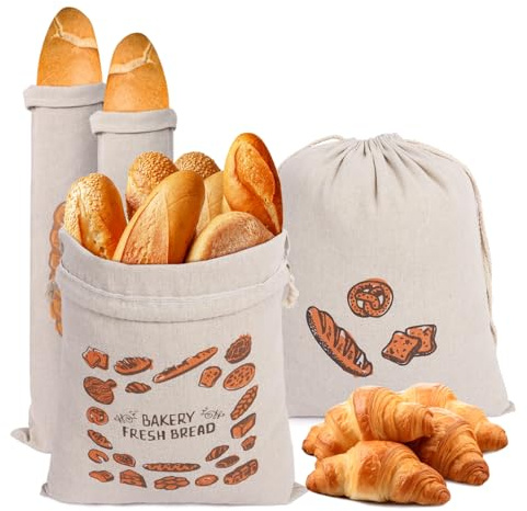 Figarge 4 Stück Brotbeutel Leinen Brotbeutel Brotbeutel Aufbewahrung Frischhalten Leinenbeutel für Brot Brottüten Wiederverwendbar Bread Babrotbeutel mit Kordelzug