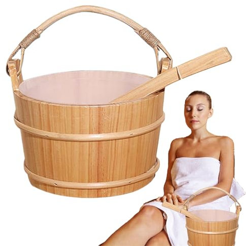 Kit de seau de sauna en bois et louche, 30 x 21 x 16 cm - Long manche - Accessoire de bain pour hammam et spa - Design portable - Finition bois naturel - Épicéa