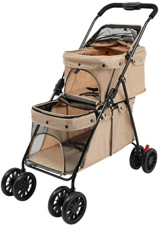 2 Ebenen Faltbarer Haustierwagen, Haustiertrolley Tragkraft 15-20kg Hundetrolley mit Sicherheitsgurt & Aufbewahrungstasche Tierwagen für Hunde/Katzen (Khaki)