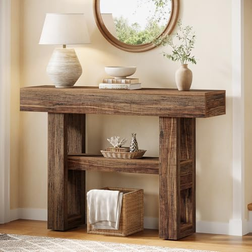Tribesigns 105CM Farmhouse-Konsolentisch, 2-stufiger schmaler Sofatisch hinter der Couch, Eingangsmöbel mit Ablagefächern für Flur, Foyer, Wohnzimmer, rustikales Braun