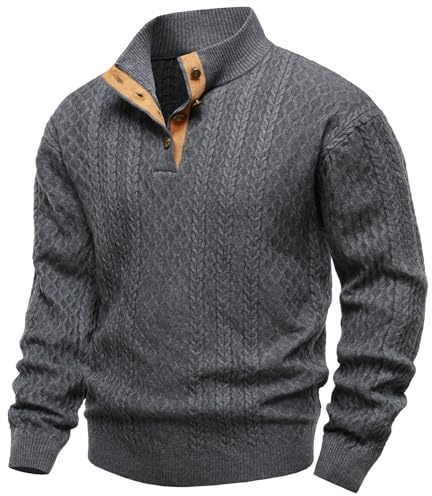 APAELEA Pull à col Montant tricoté pour Hommes avec Plaquette Contrastante Bouton et col Semi-Haut à Manches Longues à Col Polos,Gris,L