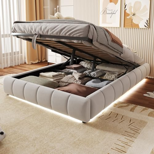 LANTRO JS Polsterbett 140x200cm, Doppelbett mit LED Lichtleiste (Einfarbig), Bodenbett, Ohne Kopfteil, Hydraulischer Schwebebettrahmen, Jugendbett,Beige