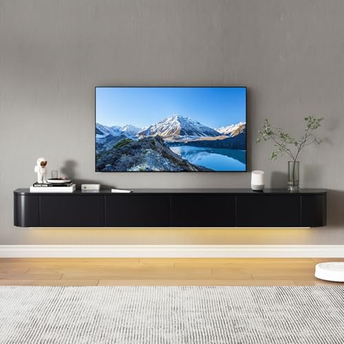 MIMRTIMI TV-bänk hängande med LED-ljus TV-skåp massivt trä svävande hylla för vardagsrum, sovrum, matsal