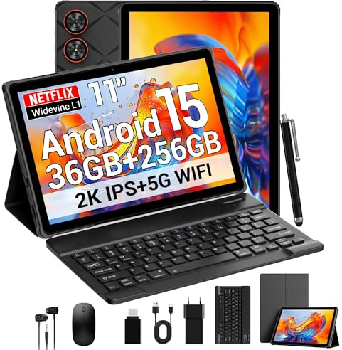 SADSYMB 2026 Dernières 2K Tablette 11 Pouces avec Android 15, Octa-Core, 36GB RAM+256GB ROM (1TB TF), 5G WiFi, 2000 x 1200 Incell, Widevine L1/8000mAh/13MP+8MP/GPS, Tablet avec Clavier et Souris(Noir)