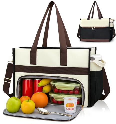 Lunchtasche für Damen, 15.6 Zoll Laptoptasche mit isoliertem Lunchfach, 2-in-1 Groß Lunchtasche Handtasche, Aktentasche Wasserdicht, geräumige Computertasche für Business, Büro, Schule,Geschenk (Weiß)