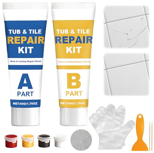 14 Pcs Kit Reparacion Plato Ducha Resina Pasta Reparadora De Ceramica Kit Reparacion Baldosas Mit 2 Pastas Reparadoras 4 Pinturas 1 Raspador 2 Lijas 2 Brochetas De Bambú 1 Varilla Mezclar 2 Guantes