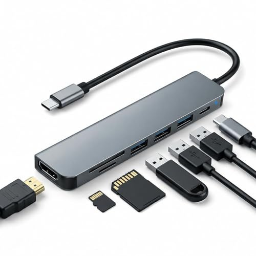 7-i-1 USB C-hubb multiport, adapter med HDMI 4K 30 Hz, 100 W laddningsström, 3 portar USB 3.0 5Gbps TF SD-spelare, USB C-hubb för iPhone 15 16 Pro, surfplatta, PC, MacBook Air