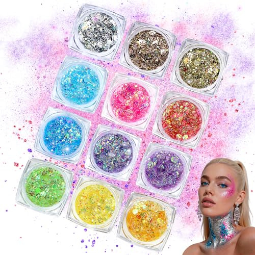 12 Farben Festival Glitzer Gesicht Gel, Body Glitter Festival Zubehör | Fluoreszierendes UV Körperglitzer Set, Gesichtsglitzer für Festival, Party, Karneval, Konzert & Sommer Make-up