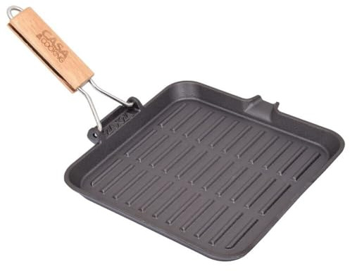 Bistecchiera in Ghisa piastra Antiaderente 24x24cm griglia con Manico in Legno e Beccuccio Scolo Grassi per Induzione Gas e Ceramica Cucina Sana per arrostire pesce carne verdura barbecue in casa