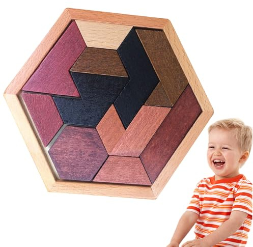 Hexagon Tangram Puzzle, Brain Teaser Puzzles, Wooden Brain Teasers Puzzles, Educational Gift for Kids, 11 Blocks