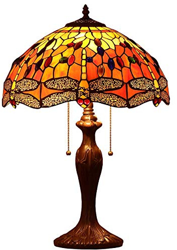 Bieye L30711 Dragonfly Tiffany Style Stained Glass Table Lamp with 16-inches Wide Handmade Lamp Shade for Living Room Bedroom Bedside Coffee Table, Orange, 23 Inches Tall…