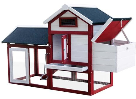 Wiltec Hühnerstall 1520 x 520 x 920 mm rot-weiß mit Freilauf und Nistkasten aus Tannenholz, Hühnerhaus mit Unterschlupf, Gitter und Kotwanne verzinkt