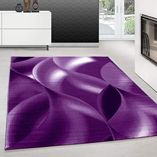 Teppium Moderner Kurzflor Teppich Wohnzimmer 200x300 (200 x 290 cm) Lila - Waschbarer Teppich, Abstrakt Wellen Design, Pflegeleicht, Weich - Ideal für Schlafzimmer, Esszimer und als Küchenteppich