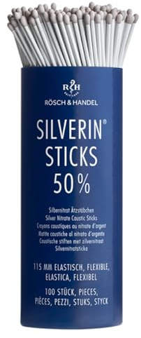 SILVERIN Silbernitrat Kaliumnitrat Ätzstäbchen | Höllenstein Ätzstift | Lapis Stäbchen | 100 Stk. | 50% | bei Warzen, Wildfleisch zB Piercings, Aphten, Blutstillung, Stomatitis | 115 mm | elastisch