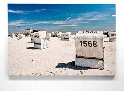 Atemberaubendes Ostsee Panorama Leinwand-Bild 120x80cm, Motiv Strandkörbe. Ein einzigartiges XXL Wandbild als Deko für Wohnzimmer, Schlafzimmer, Küche. Aufgespannt auf Holzrahmen