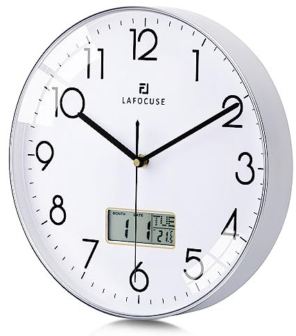 Lafocuse 30cm Orologio da Parete con Digitale LCD Datario e Termometro, Silenzioso Orologio Moderno Argento, senza Ticchettio per Cucina Camera da Letto Soggiorno Ufficio