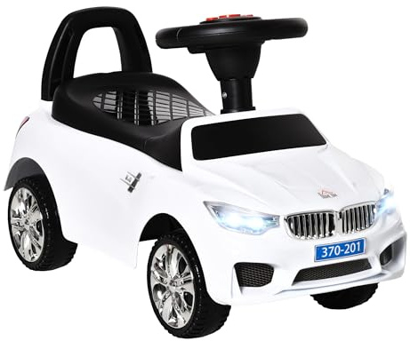 HOMCOM Coche Correpasillos para Niños de 18-36 Meses Andador Correpasillos con Faros Música Bocina Volante Espacio de Almacenaje y Asa para Empujar 63,5x28x36 cm Blanco