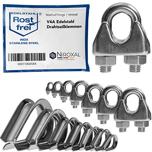 Abrazadera de cable de acero inoxidable de 4 mm, para alambre de 4 mm de diámetro, en juego con guardacabos a juego, de acero inoxidable V4A para cable de acero/cable de acero/cuerda de acero
