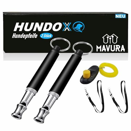 MAVURA HUNDOX Hochfrequenzpfeife Signalpfeife Frequenzpfeife Hütepfeife, (Hunde Trainingspfeife Pfeife), lautlos mit Klicker & Schlüsselband [2er Set]