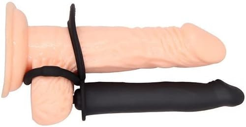 Double Fun Vibrating Rabbit Double Penetration Strap On Dildo - 6 Inch Realistic Silicone Dildo with 2 Bullet Vibrators - Waterproof - Black